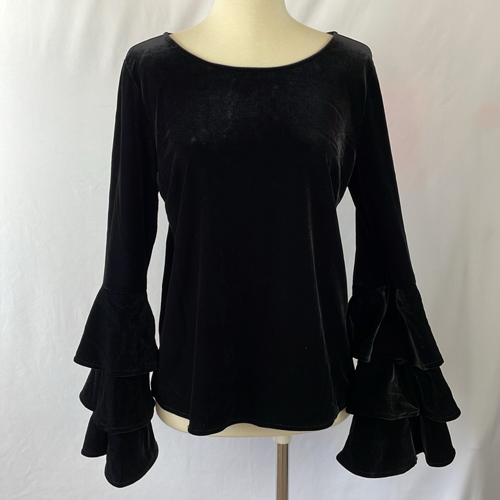 Design Lab Lord & Taylor Black Velvet Ruffle Tiered Bell Sleeve Top - Size XS